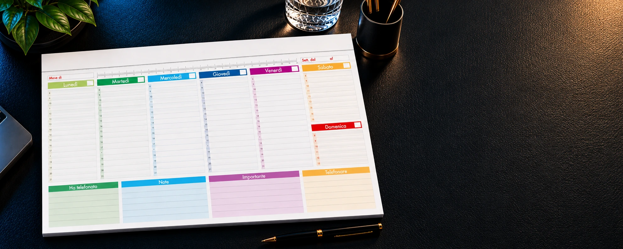 Appuntamenti e note — vista del planner sulla scrivania