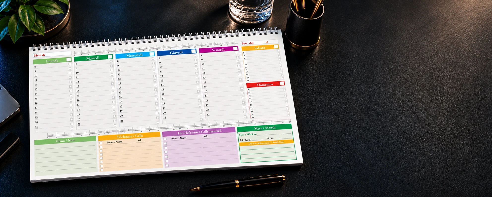 Memo e chiamate · A3 — vista del planner sulla scrivania