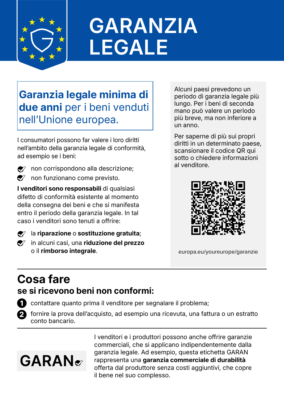 Avviso armonizzato europeo: garanzia legale dei beni di consumo